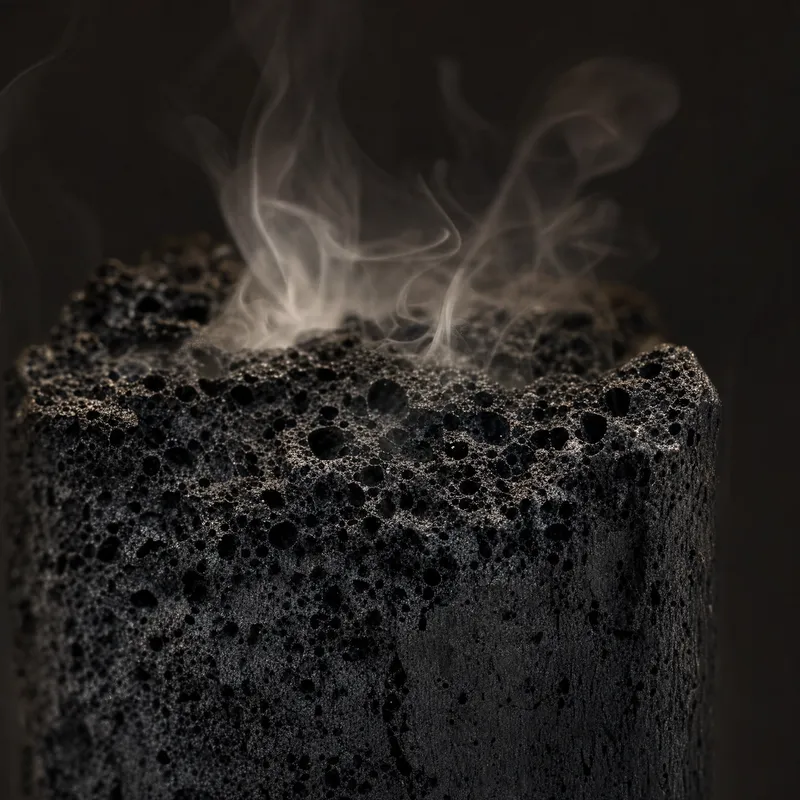 Bloque de Carbón activado de textura porosa con vapor de agua clara ascendiendo, representando el refinamiento final