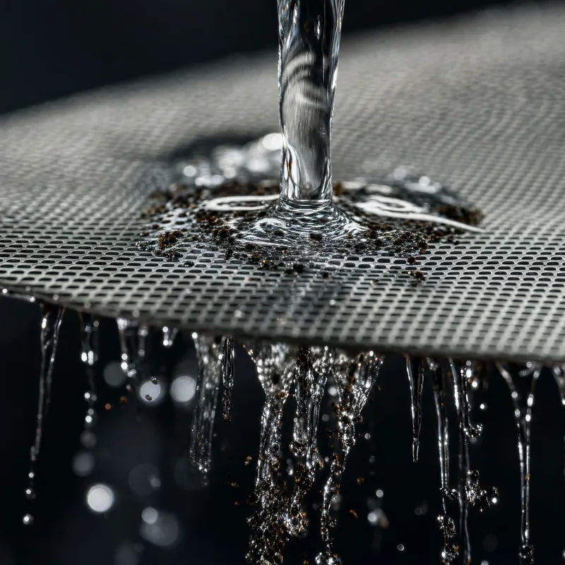 Malla de microfiltro capturando sedimentos, agua transformándose en transparencia cristalina
